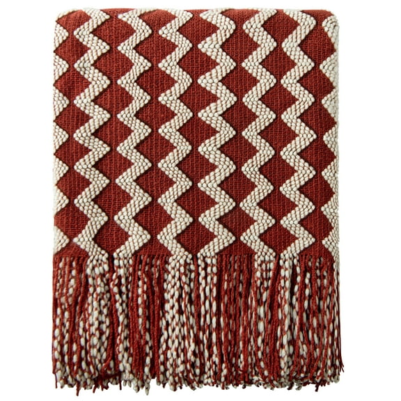 Ntbay Acrylic Knitted Throw Blanket with 7" Tassels, Lightweight and Soft Cozy Decorative Woven Blanket for Travel, Couch, Bed, Sofa, 51" x 67", Red and White Wave