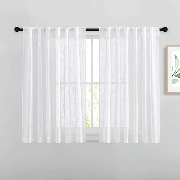 White Short Sheer Kitchen Curtains 45 Inches Length Linen Look Rod Pocket Back Tab 2 Hanging Options Semi Vertical Ds For Bedroom Dining Room 104 Wide Total Pieces Com White Short Sheer Kitchen Curtains 45, Sheer Curtains Length