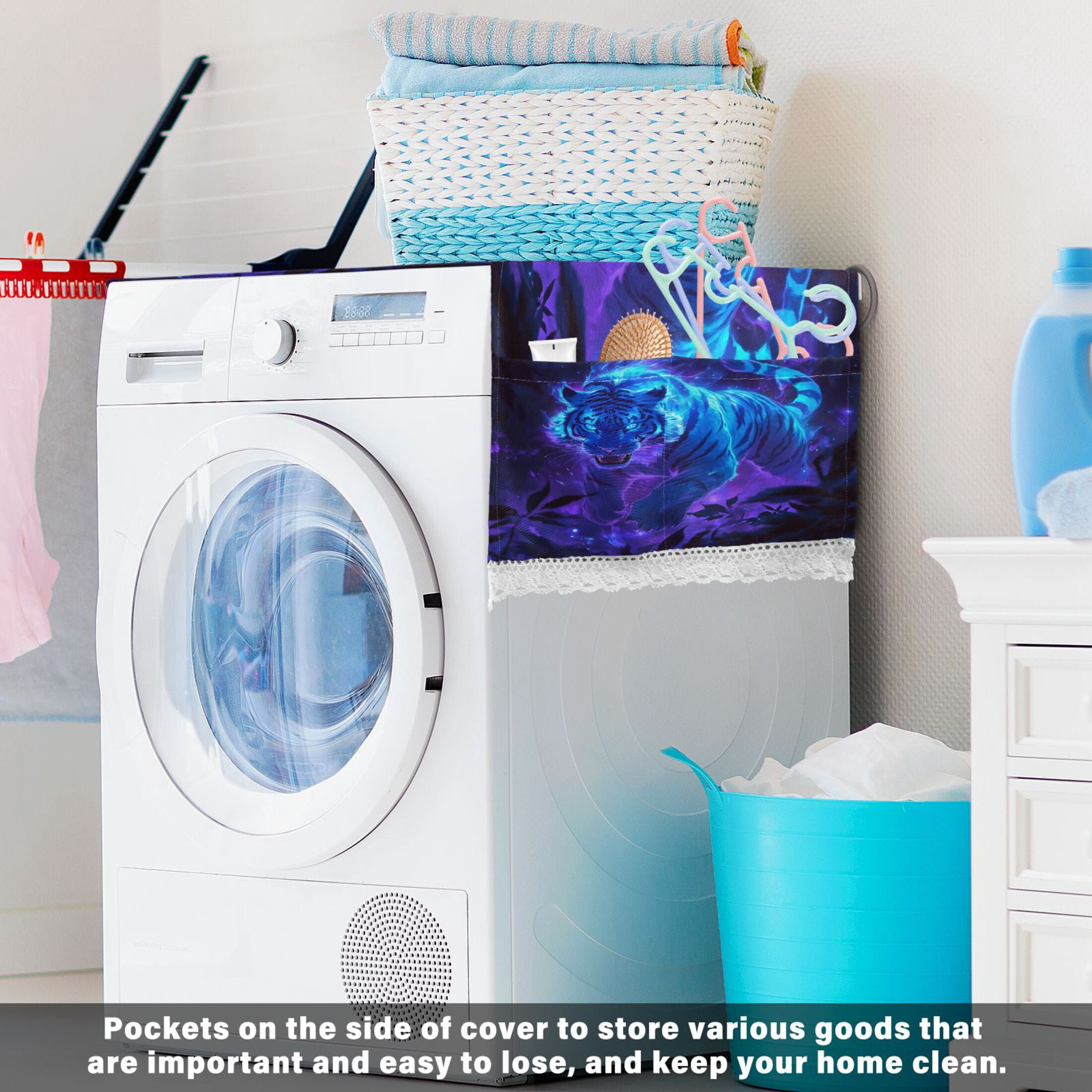 Washing Machine Cover 51.2x22in, Durable Polyester Dust Cover with Lace Trim and Side Pocket for Appliances Glowing Blue Tiger