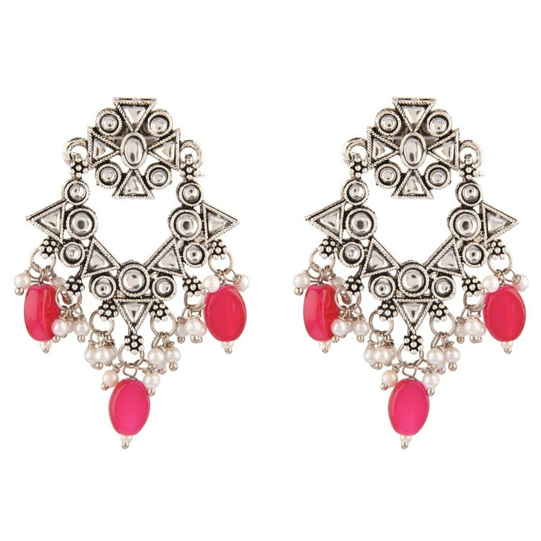Efulgenz Pink White Indian Oxidized Jewelry Antique Boho Faux Kundan Pearl Crystal Stone Necklace Manngtikka with Dangle Round Earrings Bohemian Efulgenz Pink White Indian Oxidized Jewelry Antique Boho Faux Kundan Pearl Crystal Stone Necklace Manngtikka with Dangle Round Earrings Bohemian