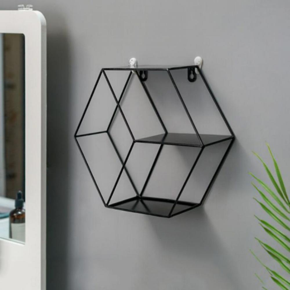 Hexagonal Shelves Wall Mounted Metal Decorative Wall Shelf Rustic Wood