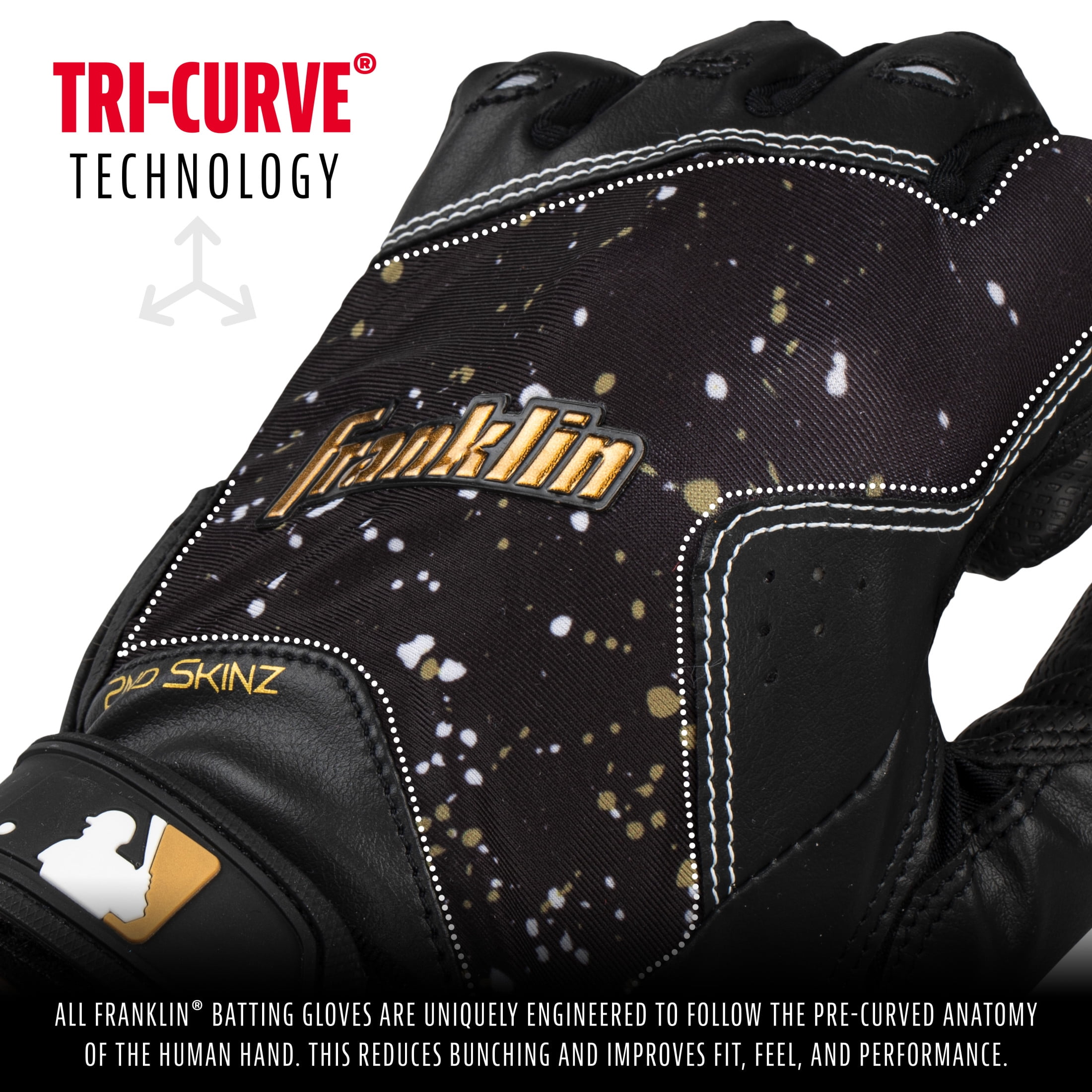 Franklin Sports MLB Batting Gloves - 2nd Skinz Drip Baseball + Softball Batting Gloves - Adult + Youth Premium Leather Pair - Black + Gold - Adult Medium