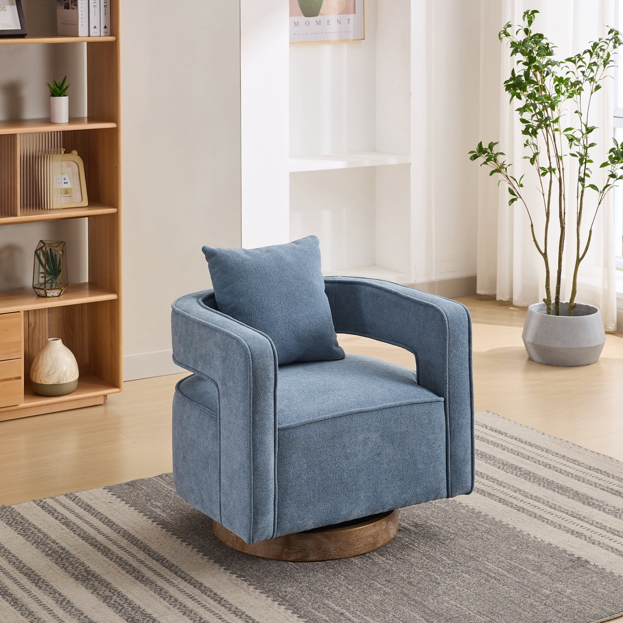 Leumius Swivel Accent Chair with Open Back,Modern Single Sofa Chair With Weathered Base for Nursery Bedroom Living Room Hotel Office, Club Chair Leisure Arm Chair for Lounge,Blue Linen Blend