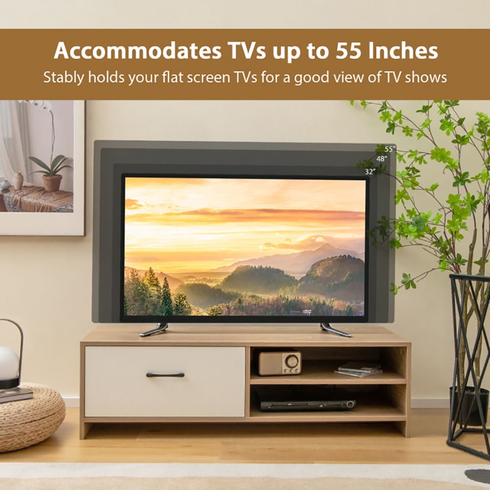 Finihen TV Stand, TV Cabinet, TV Stand for with 2 Open Shelf and Drawer for 55-Inch TV, for Living Room, Bedroom, White & Natural