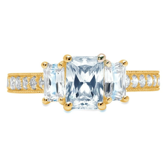 1.88 ct Emerald Cut Natural Swiss Blue Topaz 3 Stone 14K Yellow Gold Womens Engagement Ring
