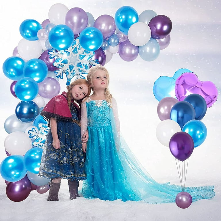 Blue Frozen Balloons Set - 60PCS 12 Inches Metallic Purple Blue White Latex  Balloons Snowflake Silver Confetti Balloon with Ribbons for Birthday 