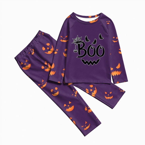 TOWED22 Halloween Print Pajama Set for Kids, Long Sleeve Crew Neck Sleepwear with Pants, Soft Matching Family Holiday Outfit,3-4 Y