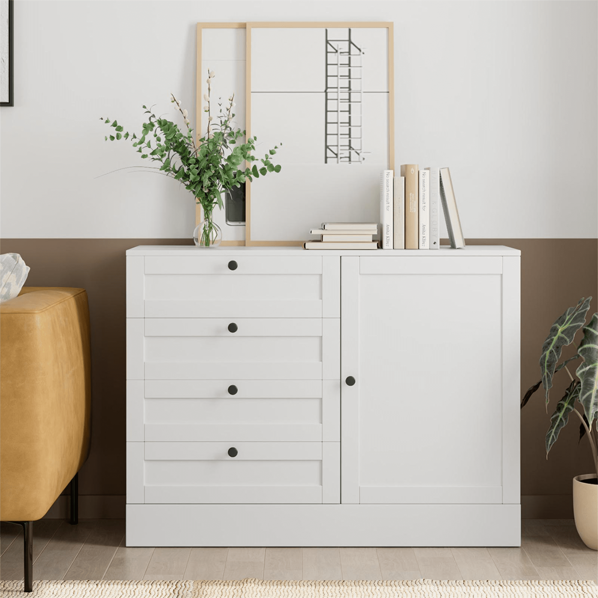 Homecho White with 4 Chester Drawers, Large Buffet Sideboard