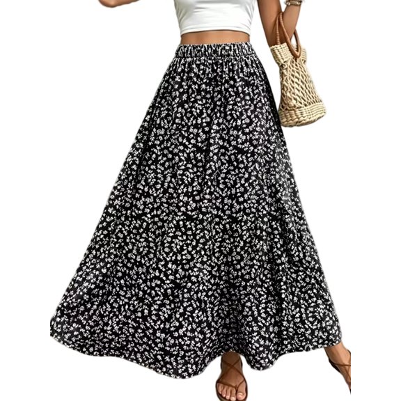 Musefolio Women’s Small Floral Print Long Skirt Resort Style A-Line Maxi S-2XL