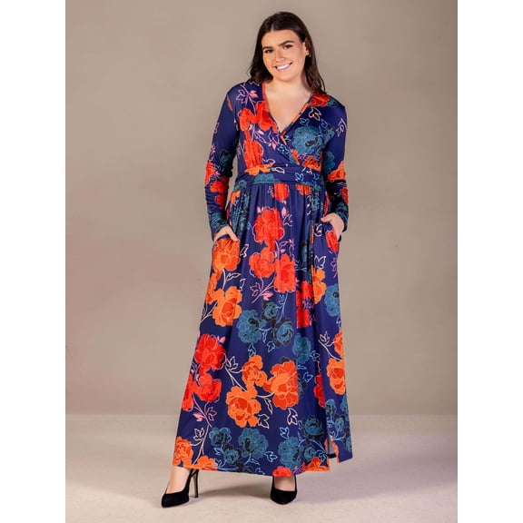 Plus Size Floral Long Sleeve Side Slit Maxi Dress