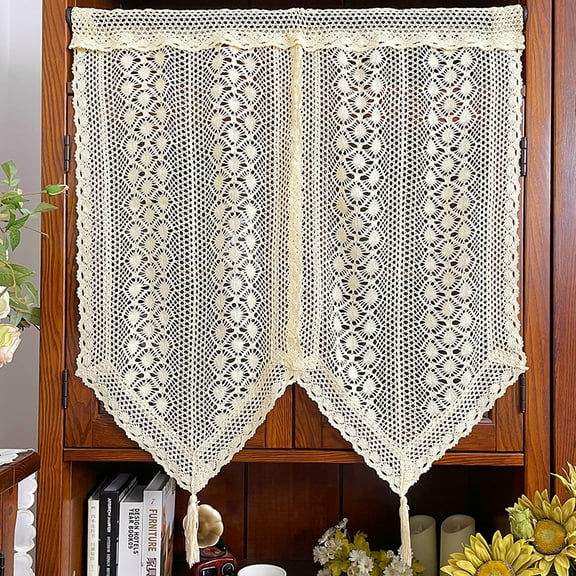 Rustic Curtains with tassels Valance for Kitchen Cafe, Boho Sheer Lace Crochet Curtain for Dinning Room