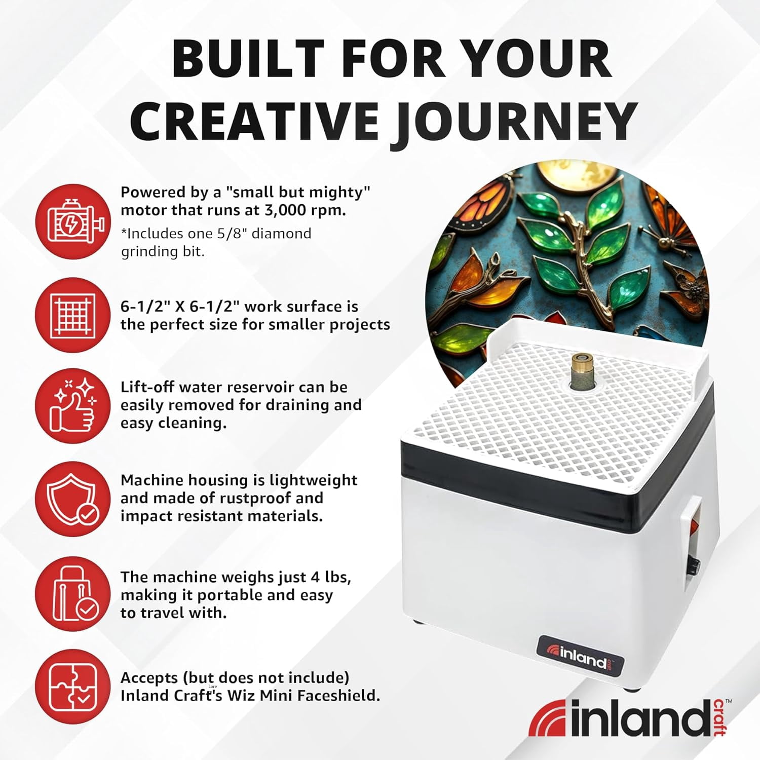 Inland Craft Wiz Mini Glass Grinder | Stained Glass Grinding Shaping Machine | Includes 5/8" Diamond Grinding Bit