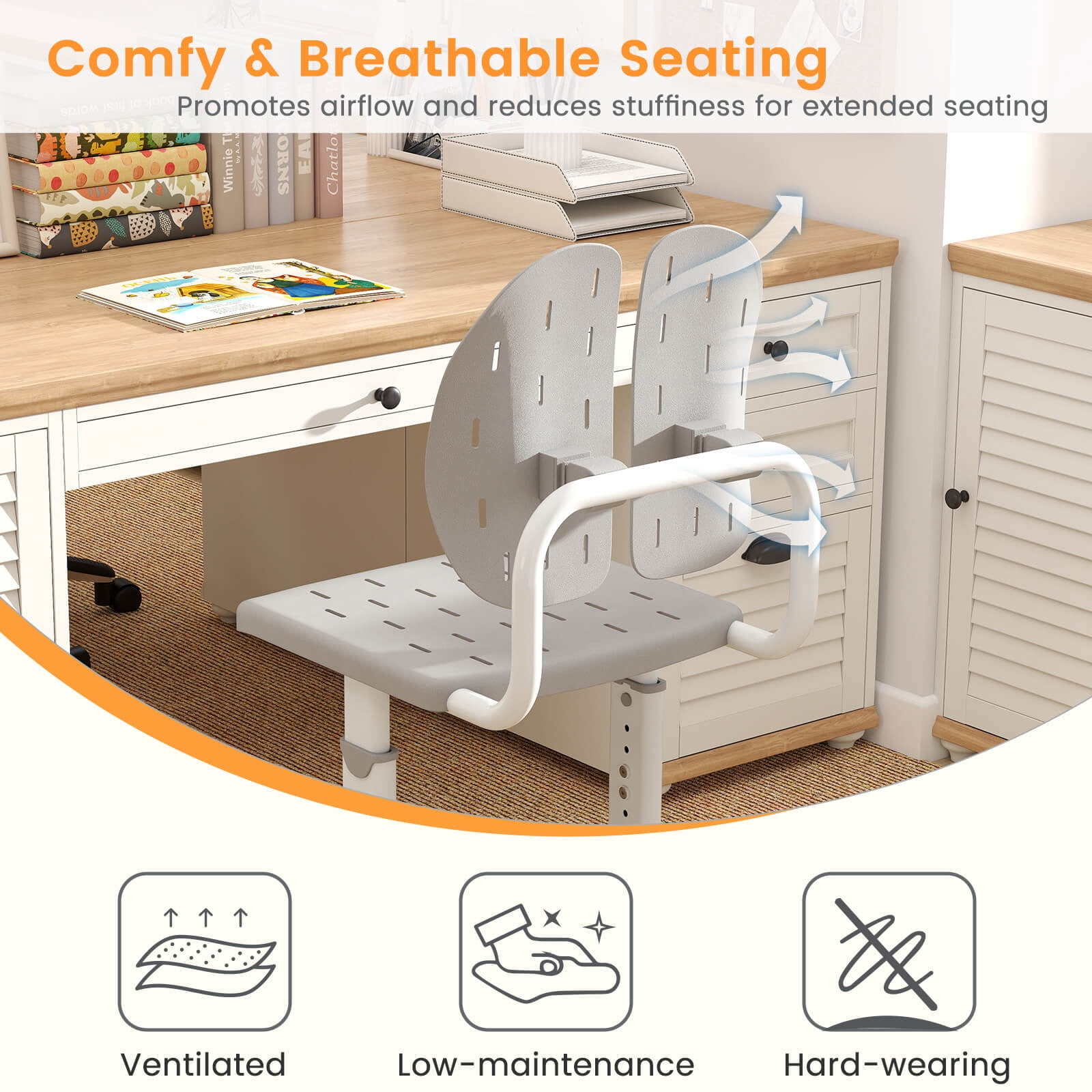 Costway Kids Desk Chair with Adaptive Double Backrest, Adjustable Height, Breathable Seat Gray