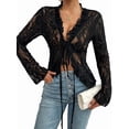 thumbnail image 3 of Lace Tops for Women Long Sleeve See Through Sheer Mesh Crop Top Shirt Open Front Tie Blouse Ruffle Black M, 3 of 8