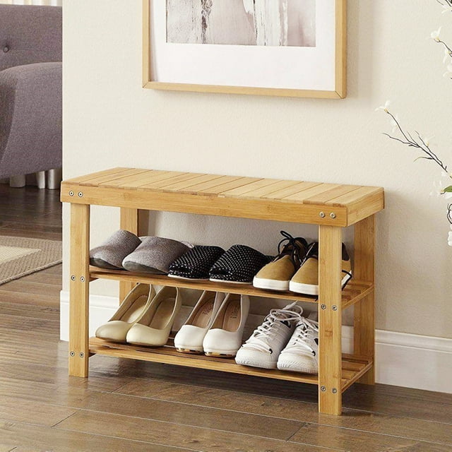 Banco de zapatos de entrada Zimtown de madera de bambú de 3 niveles con estante para zapatos acabado natural