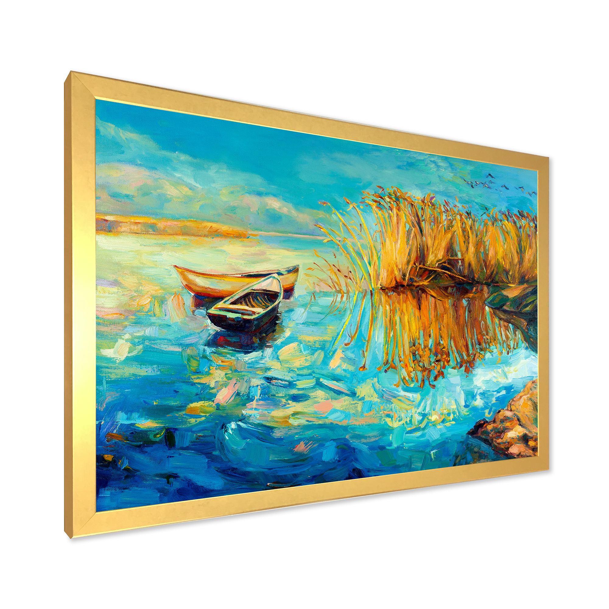 Orange Trees With Turquoise Lake During Sunset 40 in x 30 in Framed Painting Canvas Art Print, by Designart
