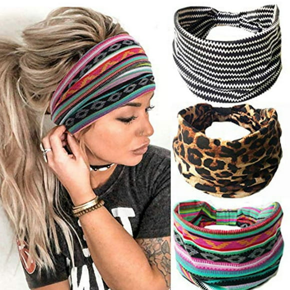 WIFKLSIIPG 3PC Printing Bandeau Headbands Wide Knot Hair Scarf Floral Printed Hair Band Elastic Turban Thick Head Wrap