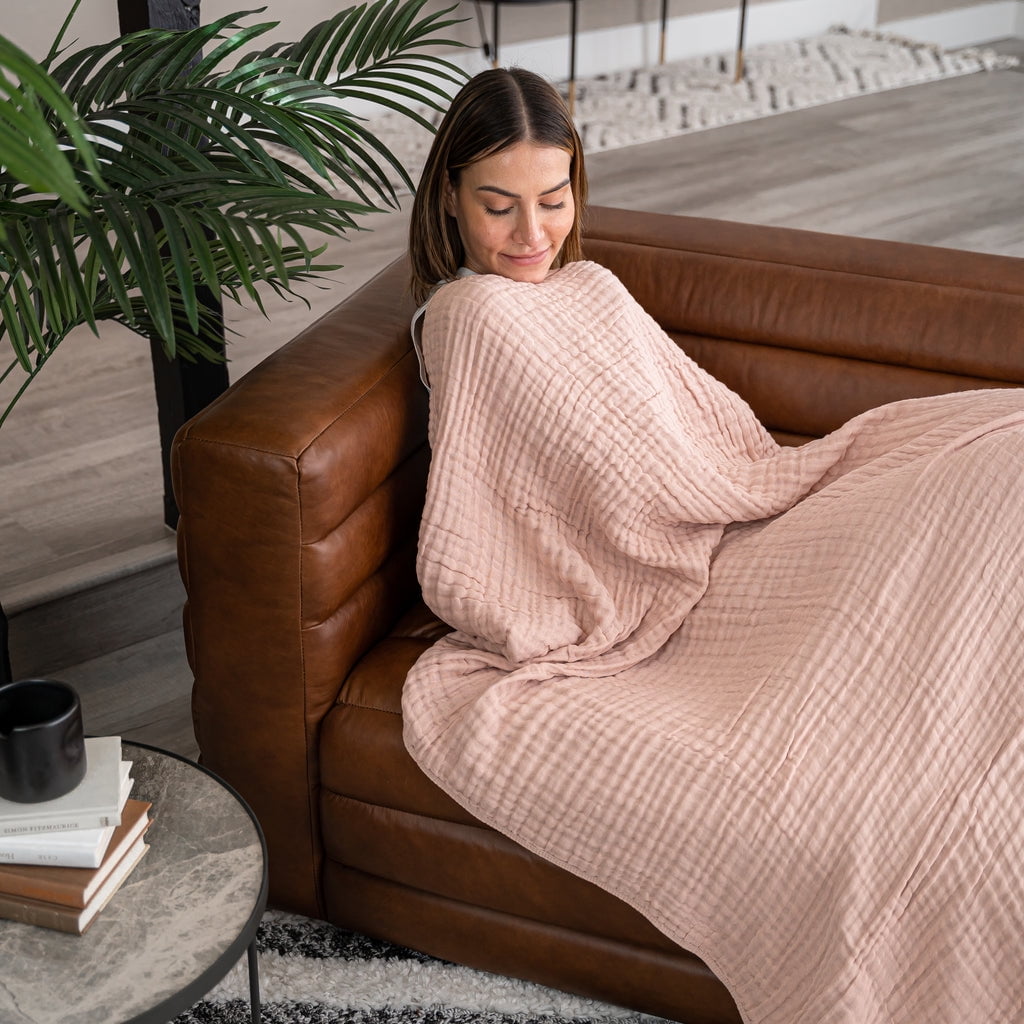 Comfy Cubs Muslin Blanket, Extra Large Twin 90” x 66”, 6 Layer Cooling Cotton Softness (Blush, Twin)