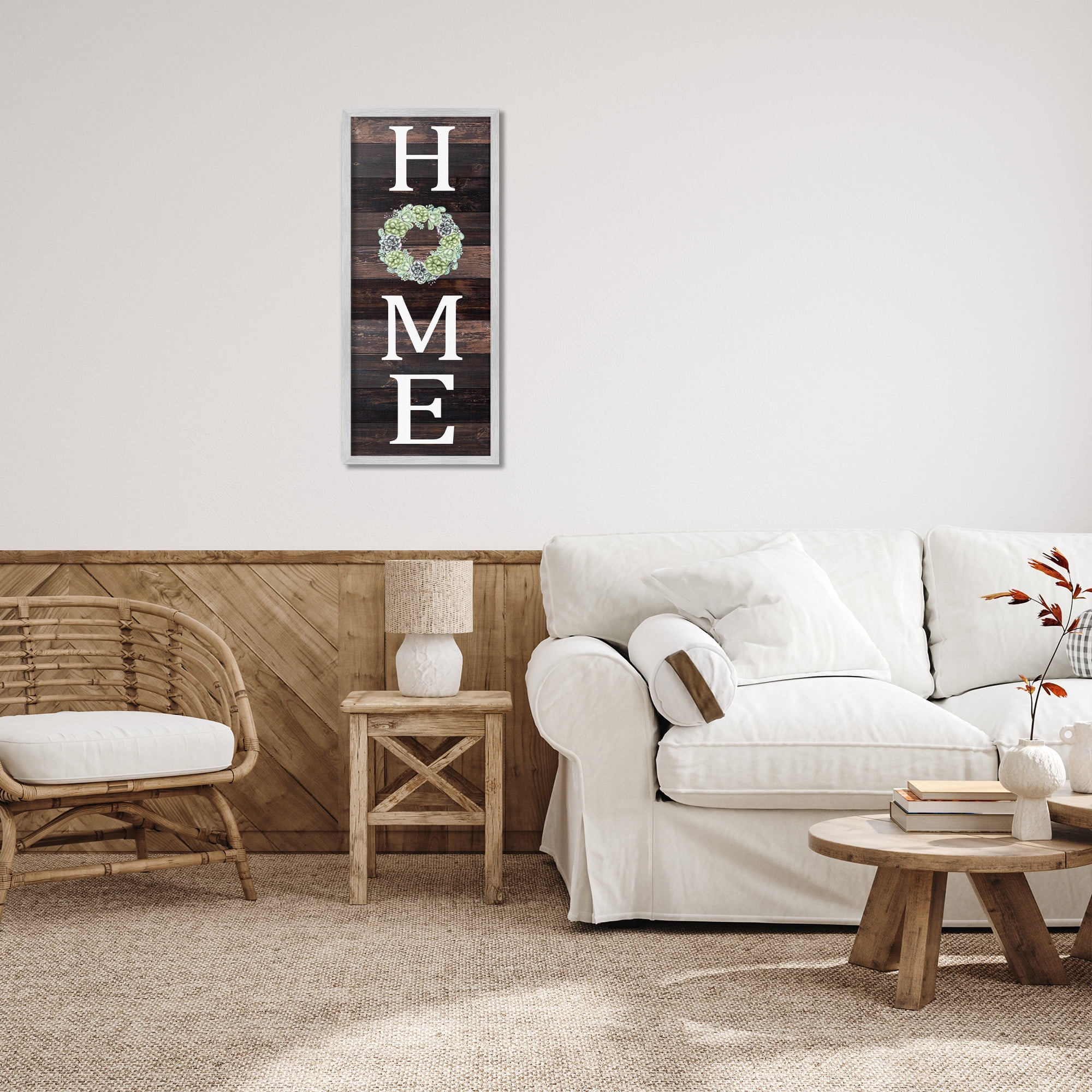 Stupell Industries Welcome Home with Succulent Wreath Typography Painting Gray Framed Art Print Wall Art, 13 x 30