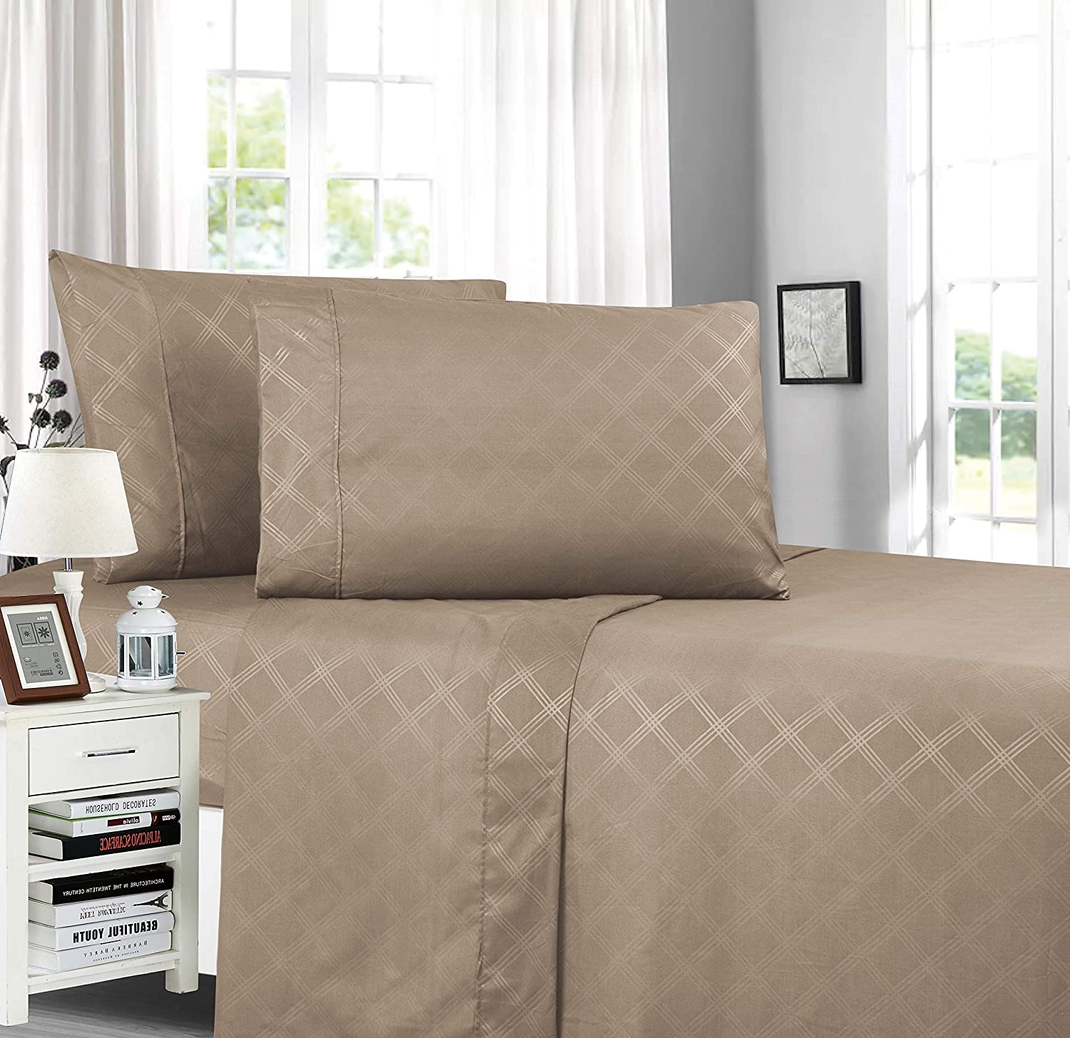 Plaid Embossed Collection 4Piece Bed Sheet & Pillowcase Set, Soft