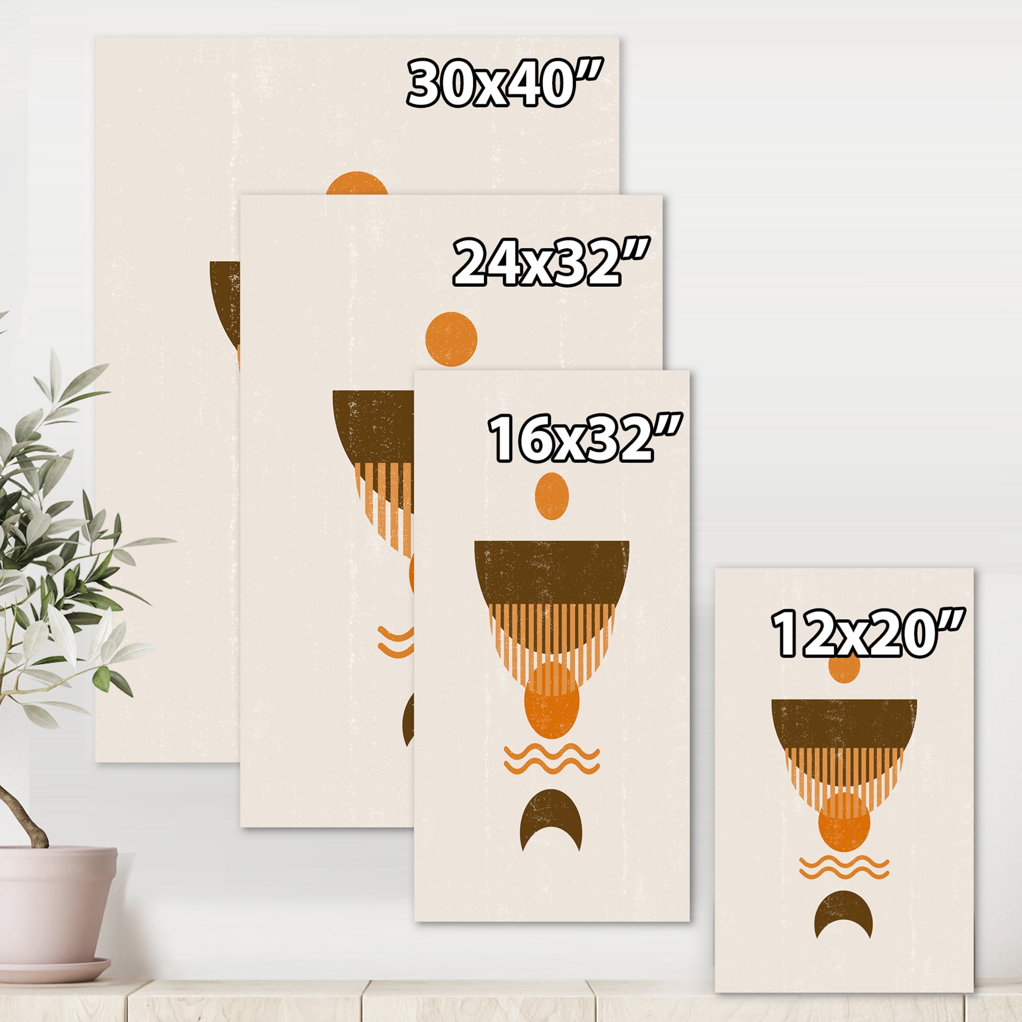 Abstract Minimal Brown Moon and Orange Sun 12 in x 8 in Painting Canvas Art Print, by Designart