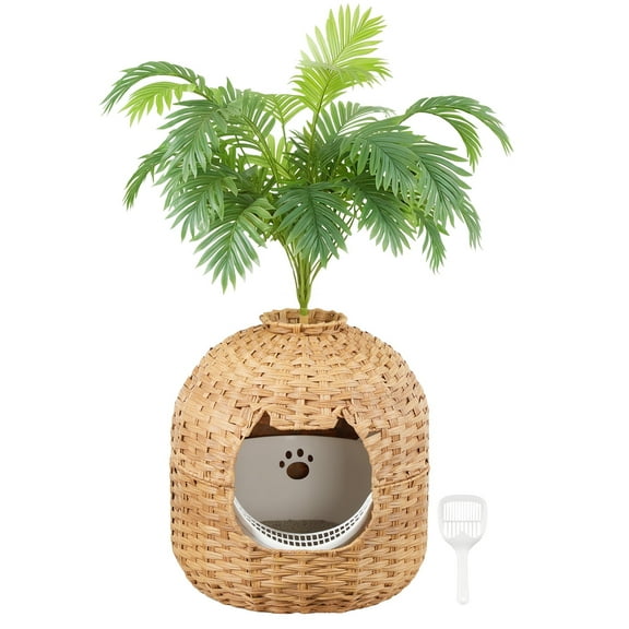 HOOBRO Cat Litter Box Enclosure with Litter Box & Scoop, Hidden Litter Box with Handwoven Rattan, DIY Litter Box Furniture with Decorative Plant, Real Stones, Easy-to-Clean, Dark Natural NL09MW01
