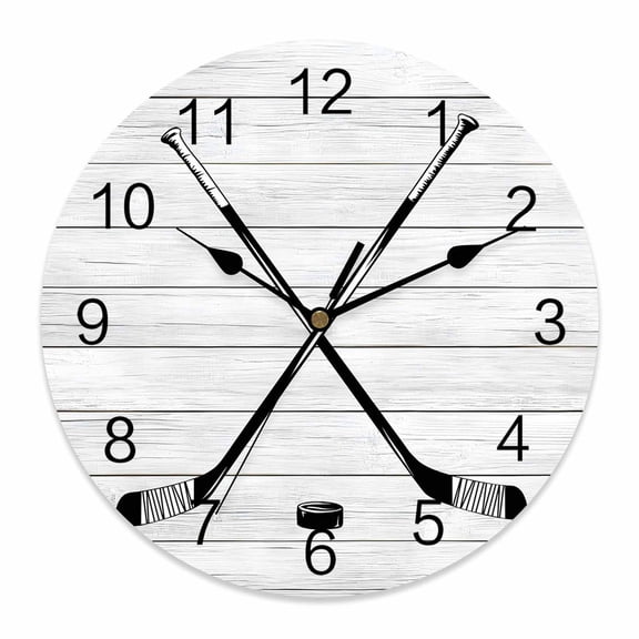 Wall Clock Hockey Player Clocks PVC Silent Non-Ticking Battery Operated Decorative Sports Ground Wood Grain Round Clock for Home Living Room Kitchen Bedroom Office School Wall Decor 14 Inch