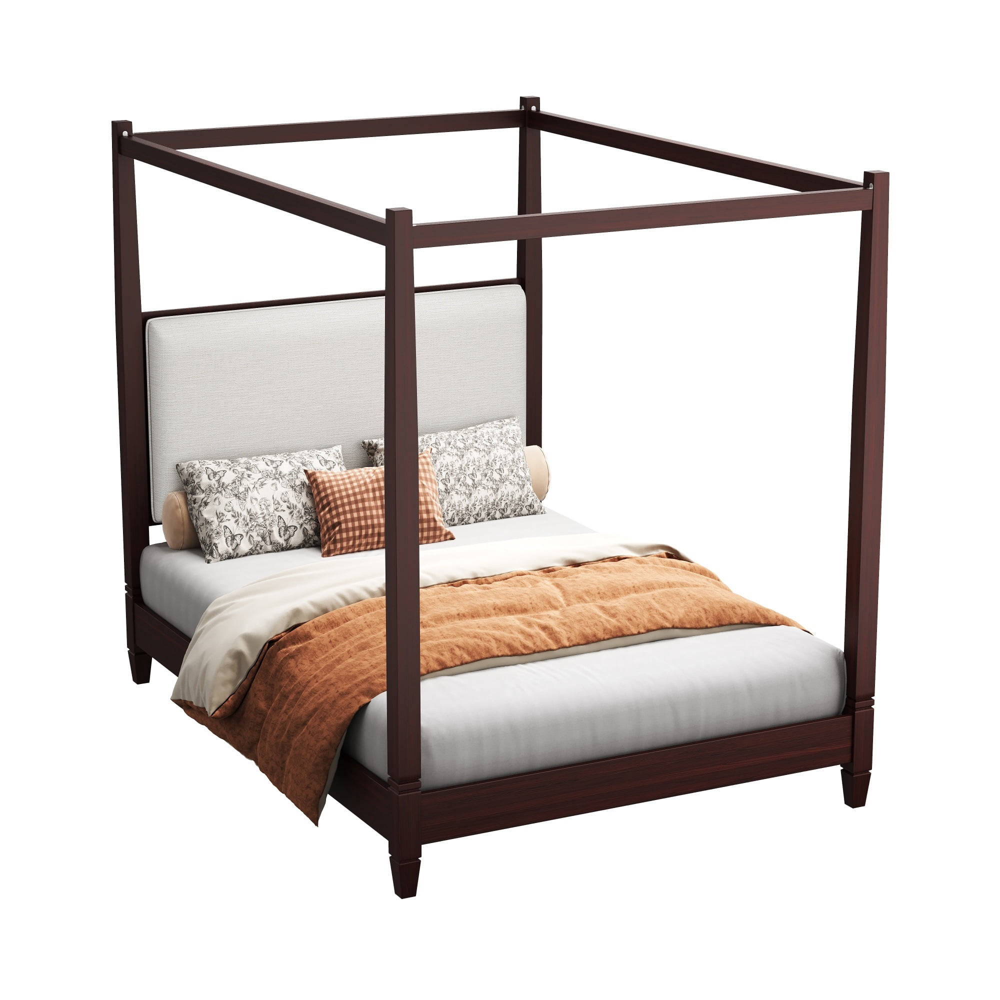 Euroco Wood Queen Size Canopy Platform Bed with Upholstery Headboard, Espresso
