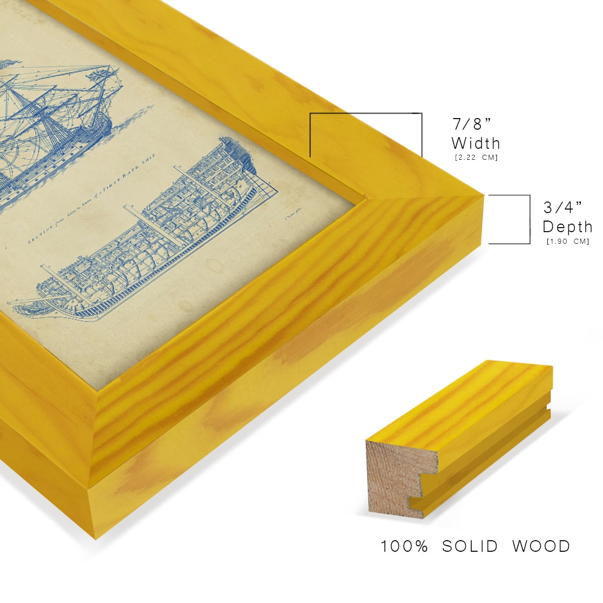 Vintage Ship Blueprint -Framed Print w/glass-Sunflower Yellow