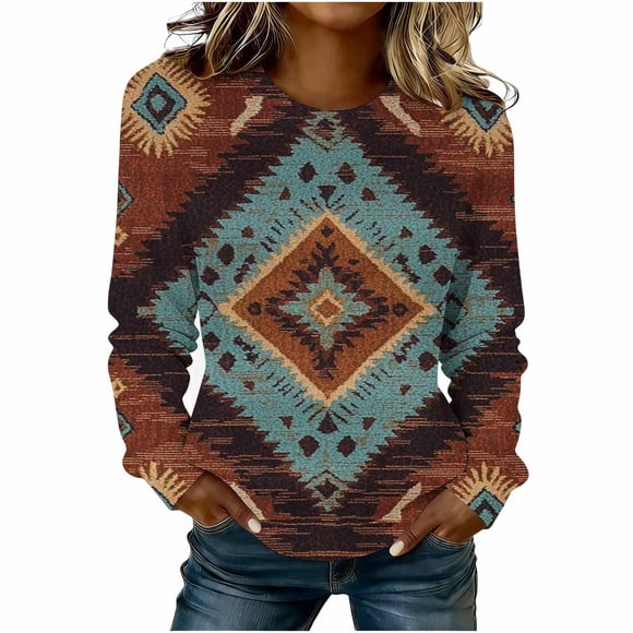 Women's Vintage Western Printed Sweatshirt, Casual Round Neck Long Sleeve Top, Relaxed Fit Pullover Blouse, Soft Polyester Spring Fashion Tee, Daily Wear Cute Y2K Clothes