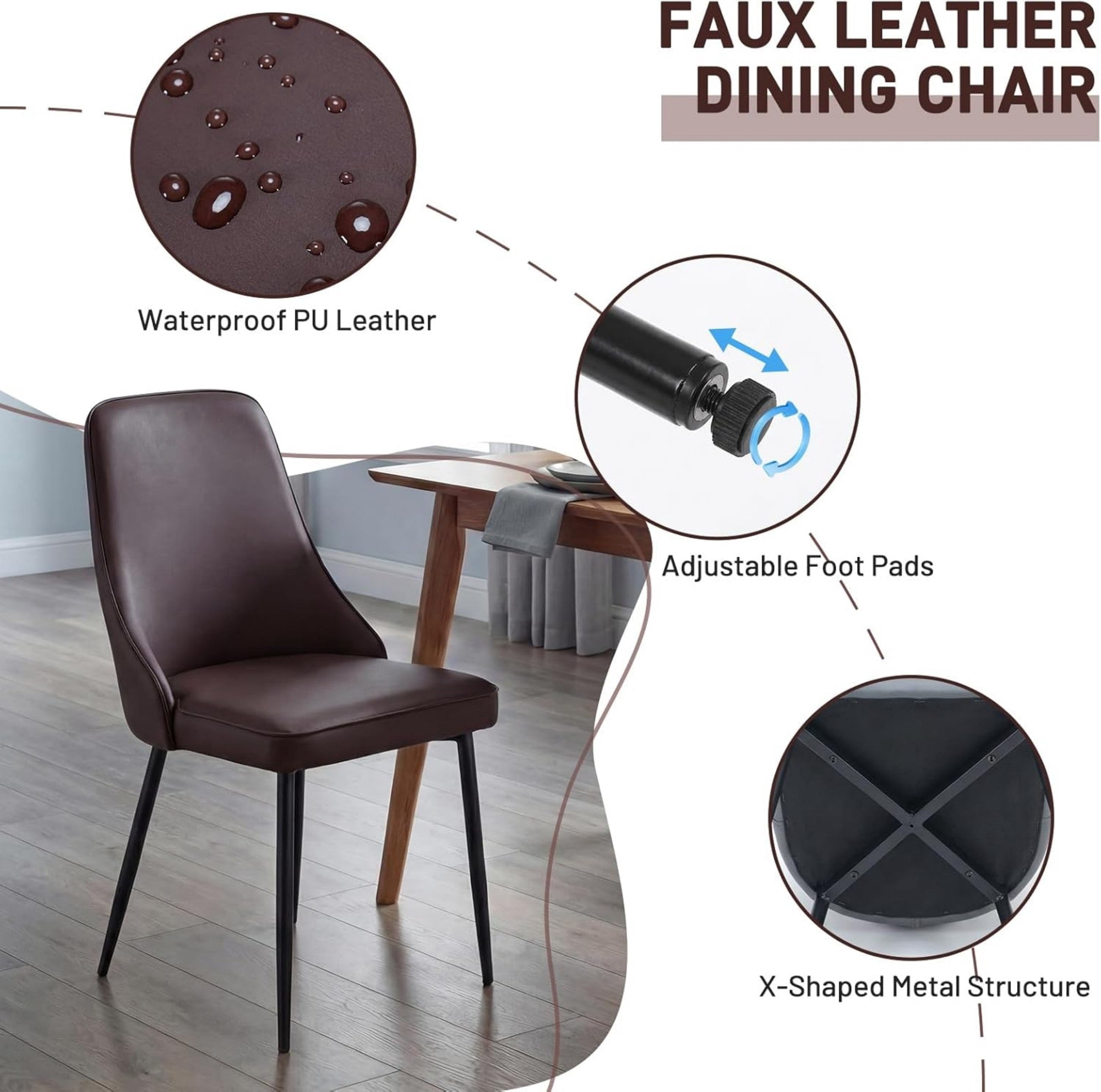 Sailvan Modern Dining Chairs Set of 4,Faux Leather Upholstered Kitchen Chairs with Ergonomic Curved Back and Metal Legs,Waterproof Side Chairs for Dining Room Brown