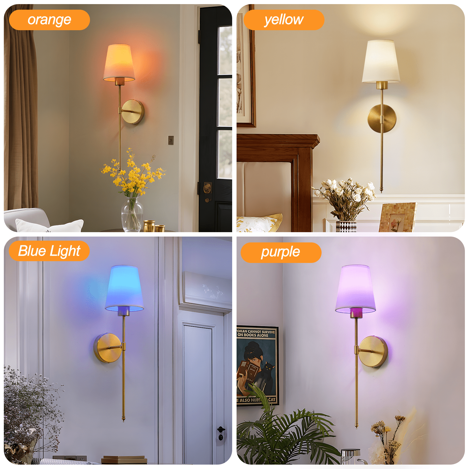 Keyinest Wireless Rechargeable Wall Sconce Set of 2, RGB Dimmable Light with 15 Colors and Remote Control, Modern Wall Lamp for Bedroom, Living Room, Hallway