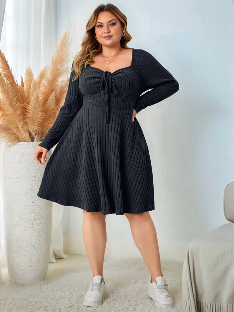 cocktail plus size sweater dress Women's Plus Size Casual Dress Square Neck Long Sleeve Swing Sweater  Dresses Gray XXXL
