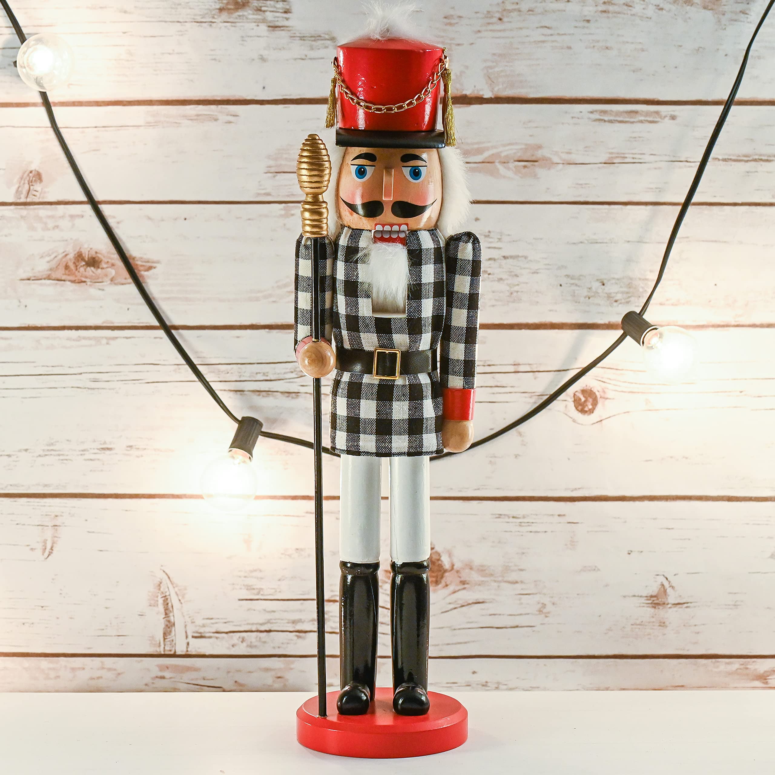 Ornativity Christmas Nostalgic Santa Nutcracker – Red and Black Wooden  Nutcracker Man with Buffalo Plaid Coat with Brown Fur Holding a Xmas Tree