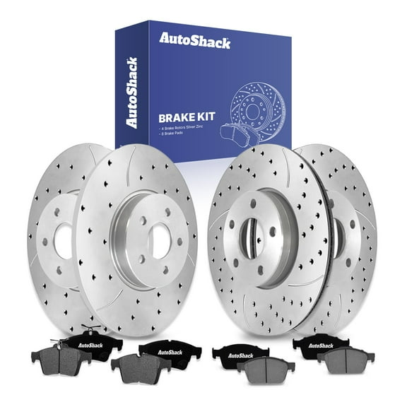 AutoShack Front & Rear Brake Rotors & Ceramic Pads for Ford, Focus 2012-2018, FWD L4 2.0L - Silver Zinc Coated Drilled & Slotted - SilverShield Pro