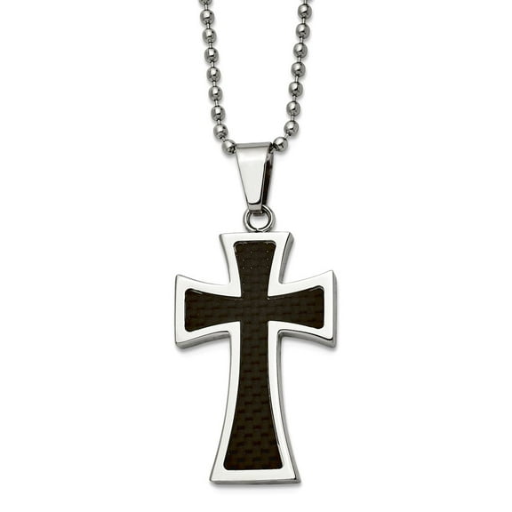 Stainless Steel Polished Fancy Lobster Closure Carbon Fiber Religious Faith Cross Necklace 22 Inch 21mm Wide Pendant Nec