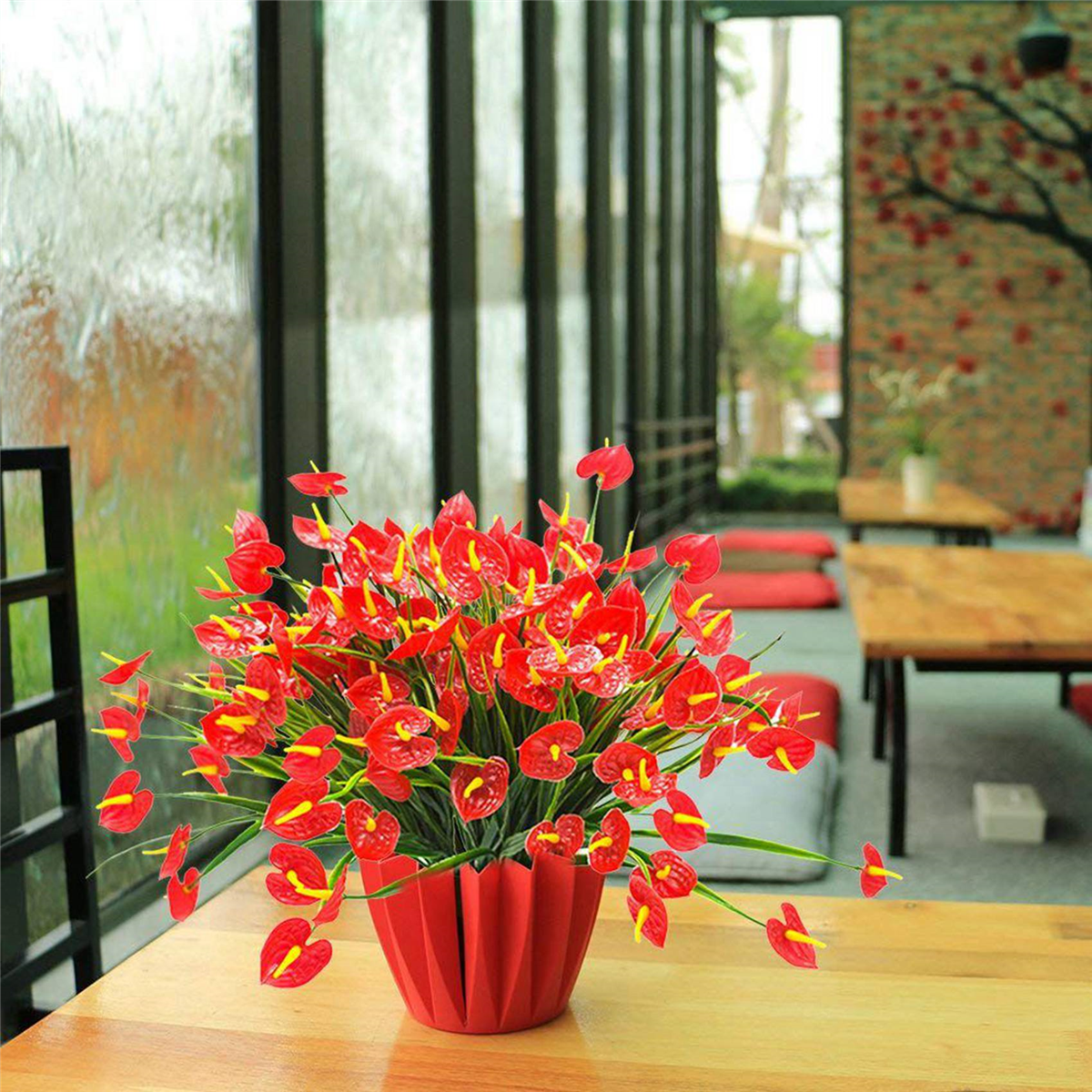 12 Bunches Artificial Fake Flowers Faux Anthurium Plants Plastic Shrubs Bushes Greenery Indoor Outside Hanging Planter