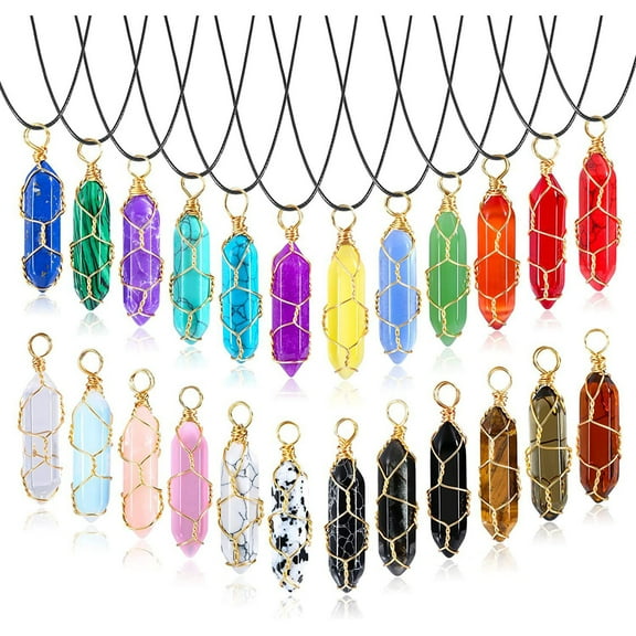 WINDLAND 24 Pieces Hexagonal Crystal Pendant Necklace Natural Quartz Stone Pendant Necklace Healing Crystal Wire Wrap Gemstone