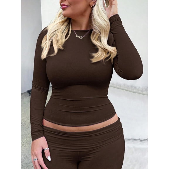 Plus Women's Long Sleeve Round Neck Ruched Fitted Plain T-Shirt