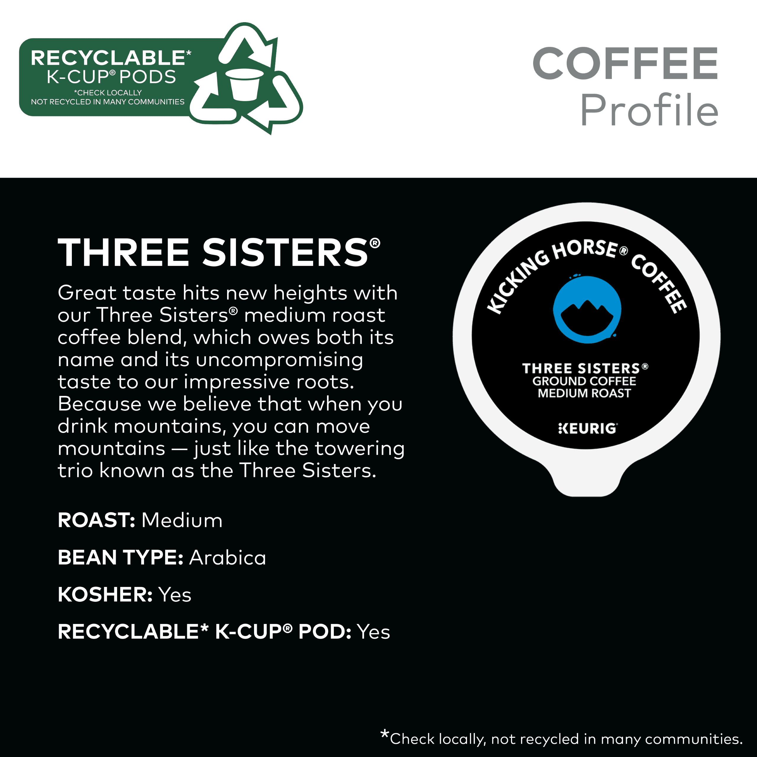 Kicking Horse Coffee, Three Sisters, Single Serve Keurig K-Cup Pods, Medium Roast Coffee, 60-Count Box