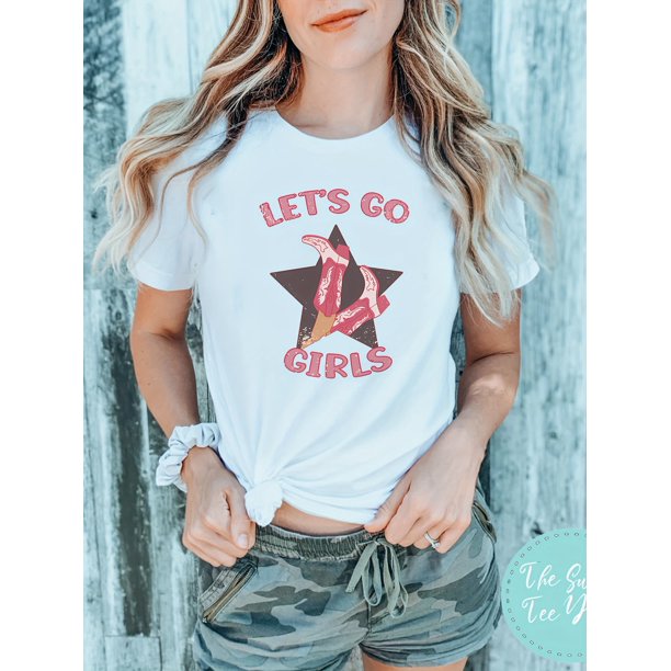 Camiseta gráfica "Let's Go Girls" para mujer - Top rosa informal de manga corta y cuello redondo con diseño de estrella y plátano, ideal para verano y primavera. Camisetas informales.