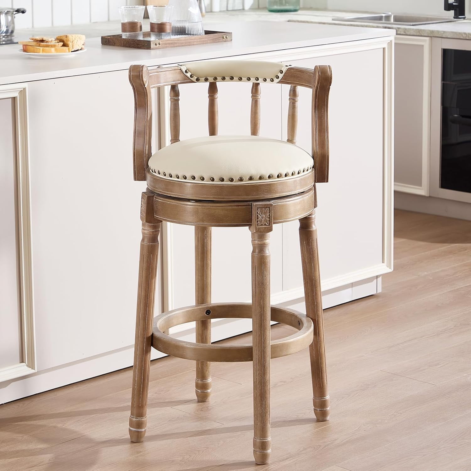 Aulife Bar Stools Genuine Leather Counter Height barstool Wooden Swivel kitchen Stool with Footrest for Kitchen Dining Room