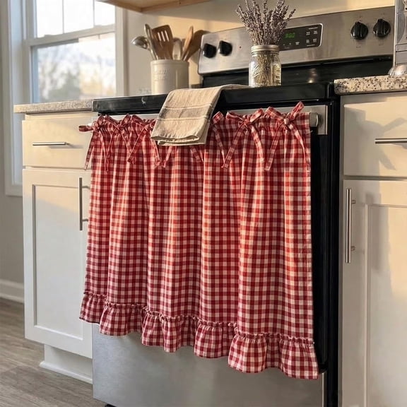 MInHoues Farmhouse Plaid Oven Skirt Curtain, 23.6x17.7 Inch Ruffled Gingham Decorative Appliance Cover, Handmade Kitchen Curtain for Oven, Dishwasher & Washing Machine, Hides Clutter(Pink)