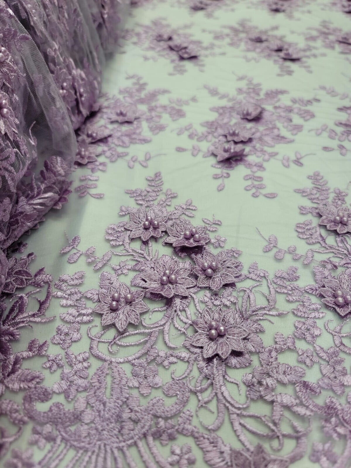 3d Lace Lavender Embroidery Pearls 3d Floral Flowers Fabric By The Yard Prom Lac