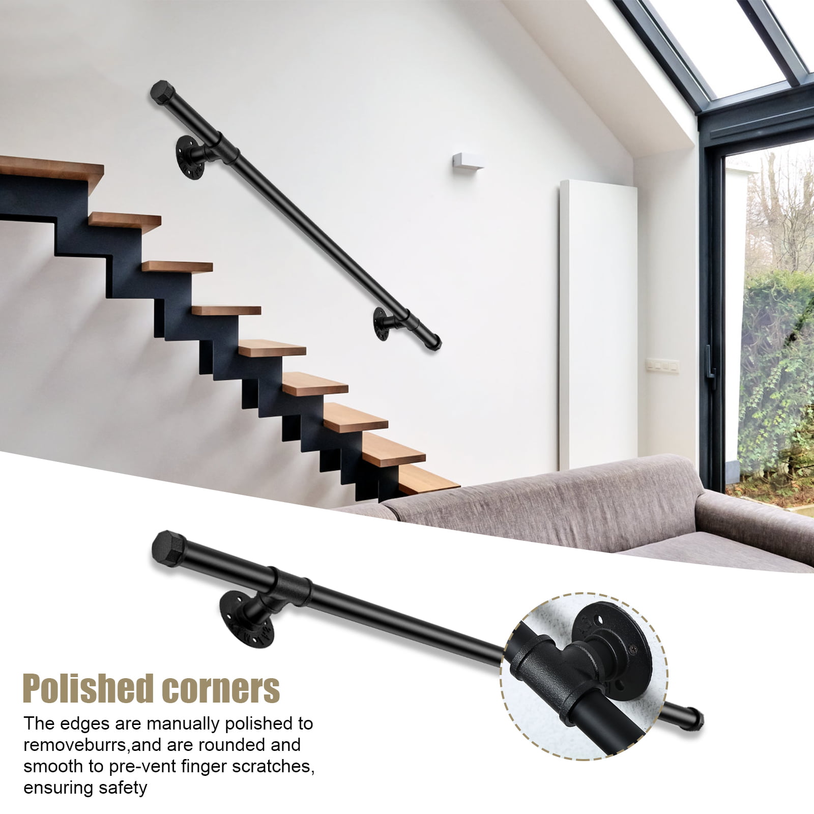 Suitable for Stairs/Loft/Kindergarten U-Shaped Galvanized Pipe Anti-Fall Railing Iron Industrial Stair Handrail Non-Slip Metal Modern Handrails Black/White 