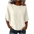 thumbnail image 3 of HongQid Womens Linen Blend Top Blouse Round Neck Loose Fit Solid Color 3/4 Sleeve Breathable Fabric Curved Hem Tunic Shirts, 3 of 6