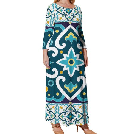 Myst Design Oversized Women's Long Sleeve Dresses, Spanish Tile Pattern Floor Long Plus Size Dress, Loose Fit Casual Maxi Dresses with Pockets, XL