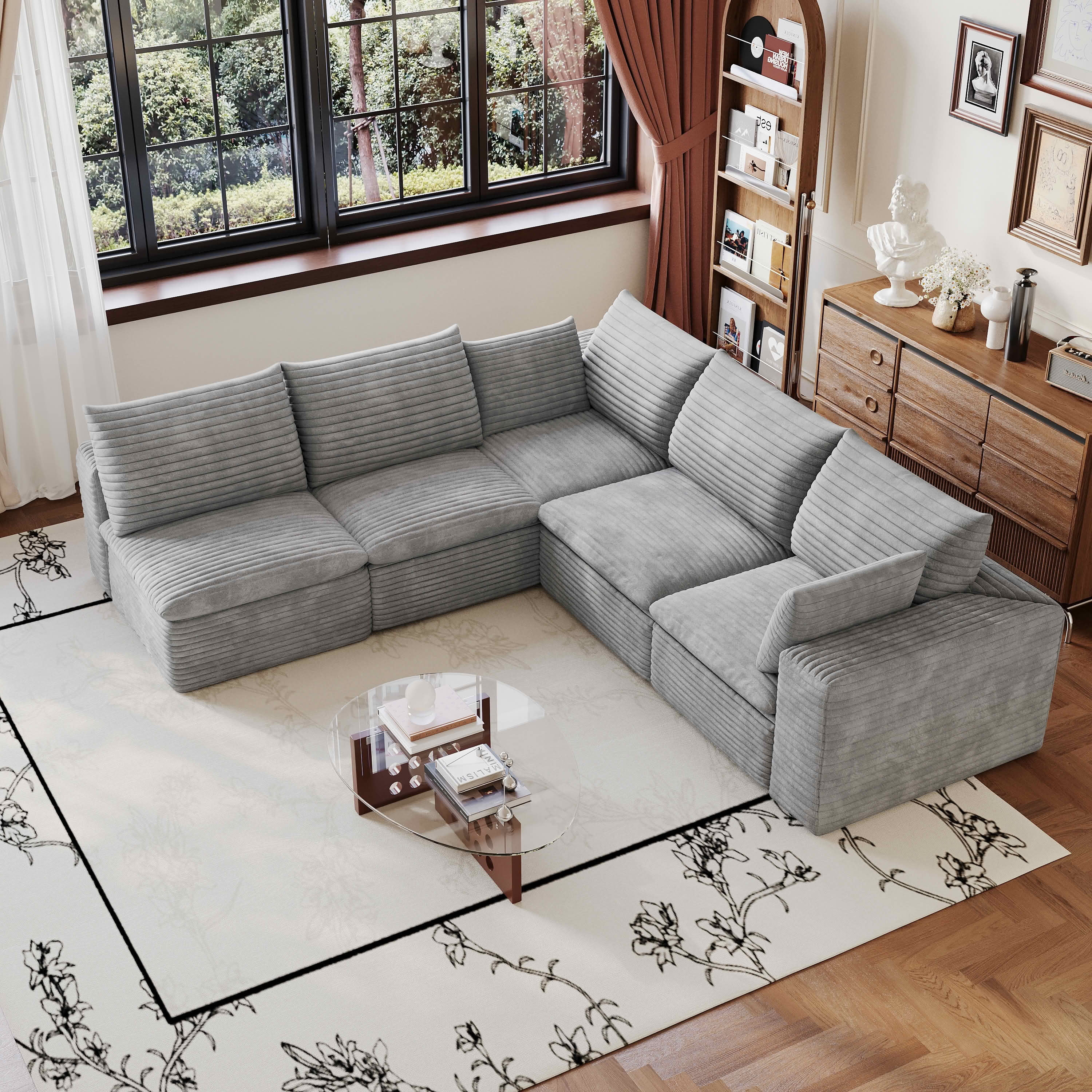 MAYEERTY 98.5"x 102.4" L‑Shaped Cloud Modular Sofa, Corduroy Deep‑Seat Sectional Couch, Double‑Layer Removable Cushions, No‑Assembly DIY Sponge Sofa for Living Room Bedroom Conference Room Apartment