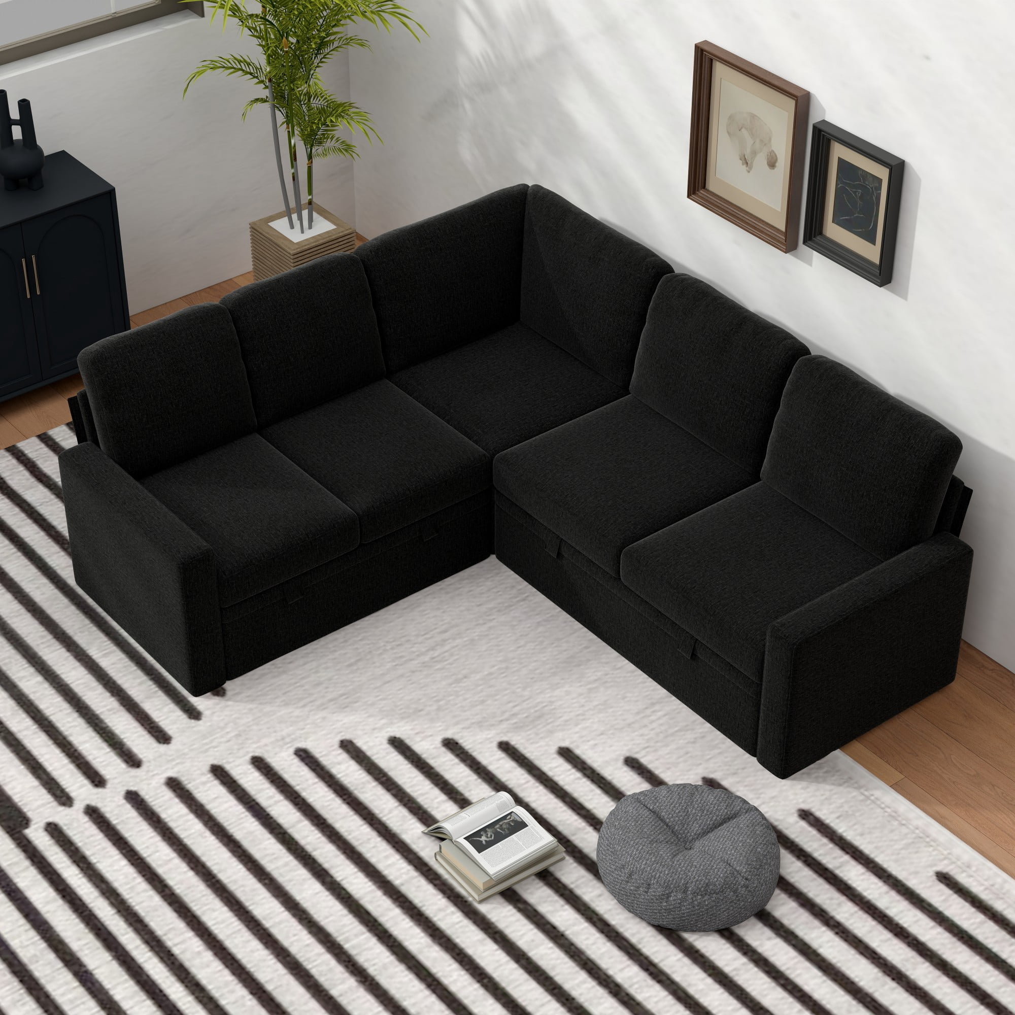 Gewnee 5-Seater Black L-Shaped Convertible Sofa - Skin-Friendly & Wear-Resistant Chenille Fabric, Solid Wood Frame with Multifunctional Storage, for Living Rooms & Halls