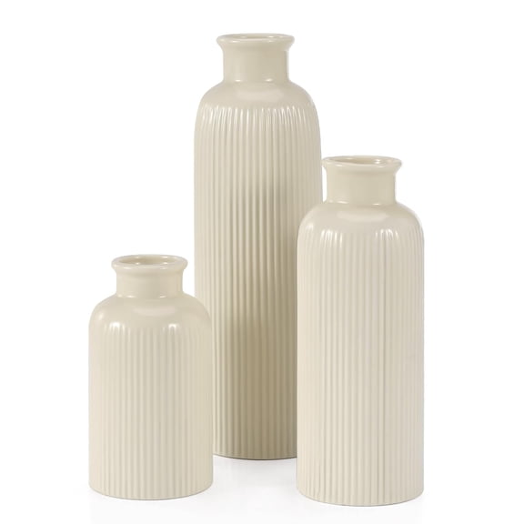Beige Ceramic Vase Set of 3 Boho Modern Farmhouse Table Decor
